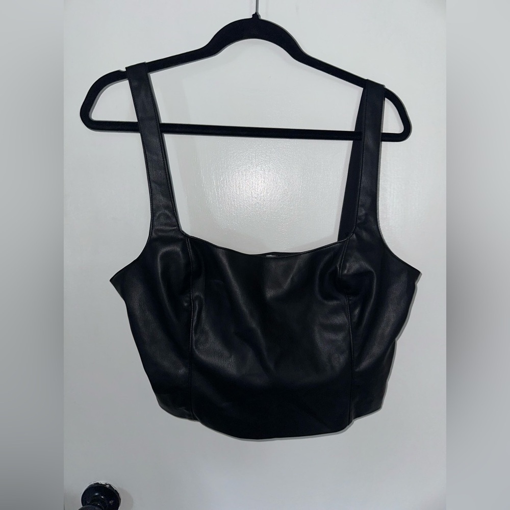 NWT Black Faux Leather Sleeveless Crop Bustier Tank Top Sz L #1774